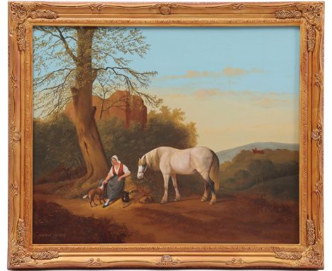 Jan van der Meer (1942-)Resting woman with dog and horse near ruin, after the old master, panel 46x56 cm