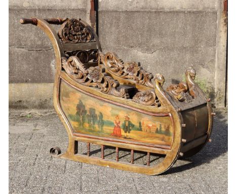 After an antique model push sled with painted decor, 125 cm long, 65 cm wide, 102 cm high (part handle is missing)