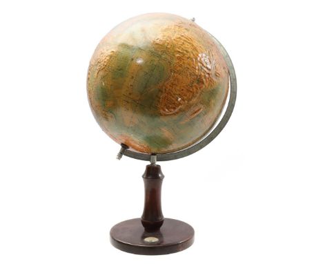 Relief earth globe, marked Räths Relief Erdglobus, on wooden base with compass, approx. 1950, 52 cm high (wear spots on bulb0