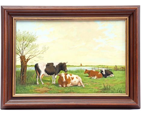 Jan van der Meer (1942-)Cows in a meadow by the lake, panel 29x43 cm