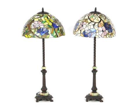 2 copper 3-light table lamps with onyx parts and Tiffany style shades, 110 cm high, 51 cm diameter shade (1 shade loose)