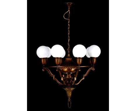 Copper richly decorated Art Deco 8-light hanging lamp with opaline glass spheres, 120 cm high, 72 cm diameter