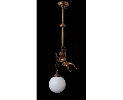 Classic hanging lamp with white glass ball carried by an angel, approx. 110 cm high