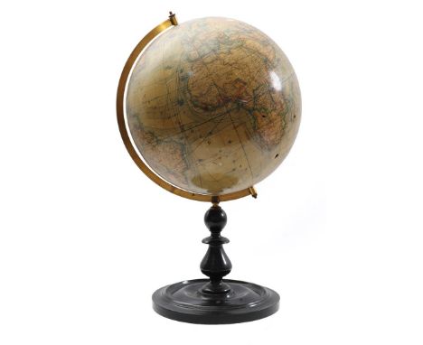 Earth globe, marked Schottes Schul &amp; Familien Globus Berlin, on black lacquered wooden stand, ca. 1900, 54 cm high (with 