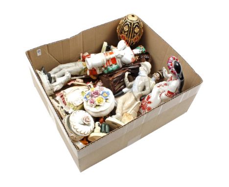 Box of various figurines, Franklin Mint Faberge style chess set (incomplete) and 2 gas lighters Champ
