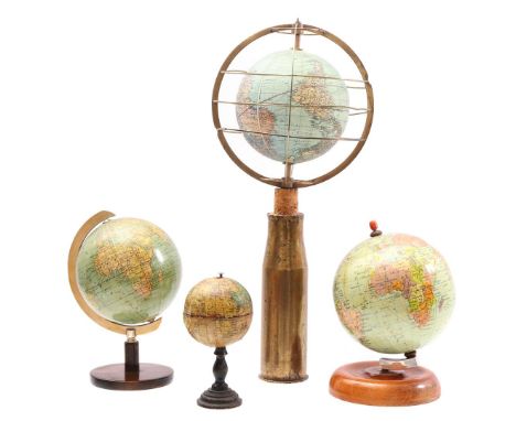 Earth globe, marked Columbus schülerglobus, on wooden base, 18 cm high, Räths politischer erdglobus, on wooden base, 1950s, 1