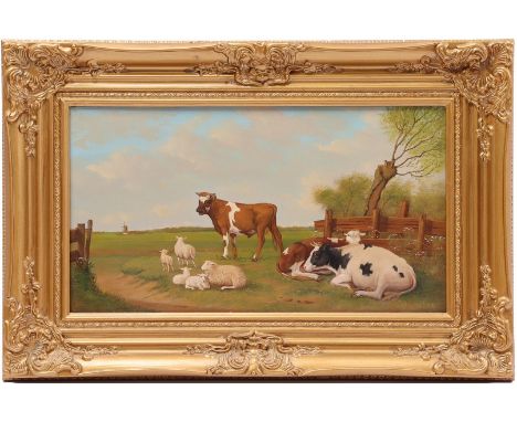 Jan van der Meer (1942-)Dutch landscape with cattle at a fence near pollard willow, panel 26x46 cm
