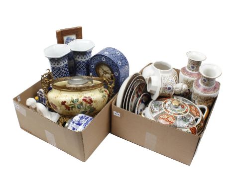 2 boxes with various porcelain and earthenware including table clock, jardiniere, vases and saucers