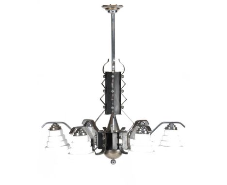 Chrome 6-light hanging lamp with wooden columns and opaline glass shades, ca. 1950, 86 cm high, 77 cm diameter