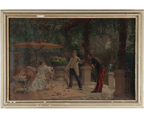 Signed A. Legres, noble man and woman are visited by a French officer, lithograph, 55x82 cm (damage to frame)