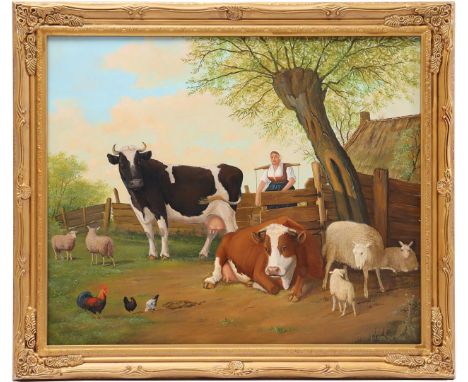 Jan van der Meer (1942-)Peasant woman with yoke at fence with cows, sheep and chickens, panel 46x56 cm