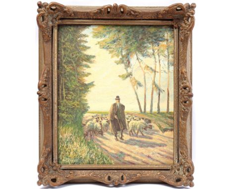 Signed Erich Rüppel, shepherd with herd of sheep, back title Heimkehr, panel 60x50 cm