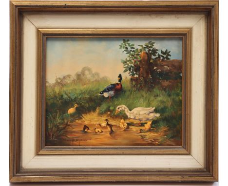 Signed Keyser, duck family on the waterfront, panel 24x30 cm