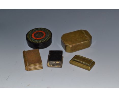 A George III brass canted rectangular snuff box, engraved with wrigglework; a George III toleware novelty snuff box, as a boo