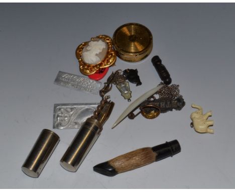 Object d'Art - a miniature whistle;  a hoof lead holder;  a travelling corkscrew and tools set;  a pinchbeck cameo;  a 9ct go