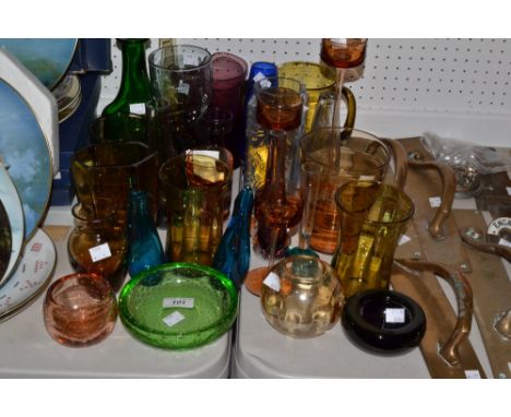 Studio Glass - a Dartington Marguerite vase; a green mallet shaped decanter; purple glass lemonade jug; amber glass; etc  