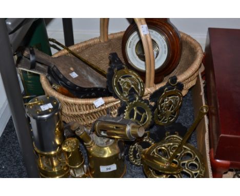 Metal Ware -  horse brasses and straps;   a Miner's lamp;  an oak cased barometer;  blow lamp; etc