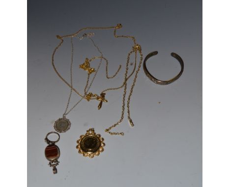 Jewellery - an opal and garnet five stone ring, silver shank;  a silver mounted and agate fob;  other chains;  etc 