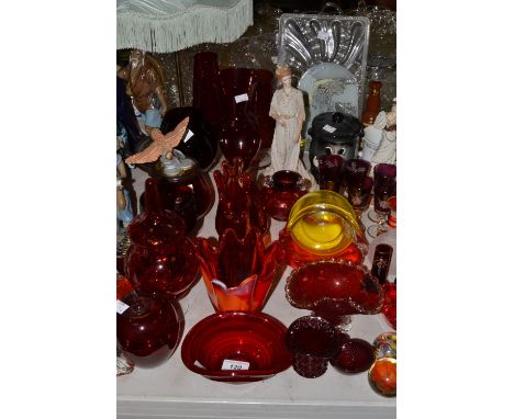 Glassware - ruby and coloured glass, vases, goblets, dishes;  etc;  a floral paperweight;  two resin figures;  Dusty Bin;  et