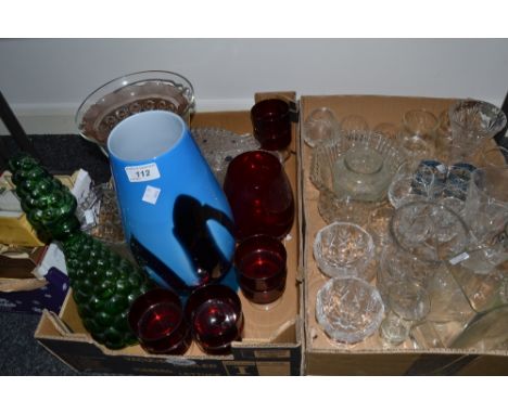 Glassware - a large goblet vase, in tones of blue;  ruby glasses;  etc (2 boxes)