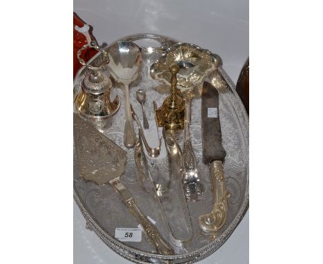 Silverplate - an oval twin handled gallery tray;  a punch ladle;  a cake slice;  bread knife;  flatware ; etc