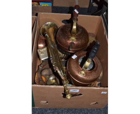 Metalware - a copper bugle; a brass trumpet; a pair of cast brass barrel taps; qty 