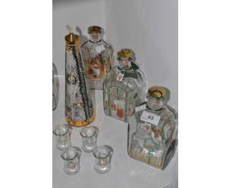 Holme Gaard of Copenahgen - a conical tapering oil lamp, painted and gilded; Christmas rectangular decanters; glasses