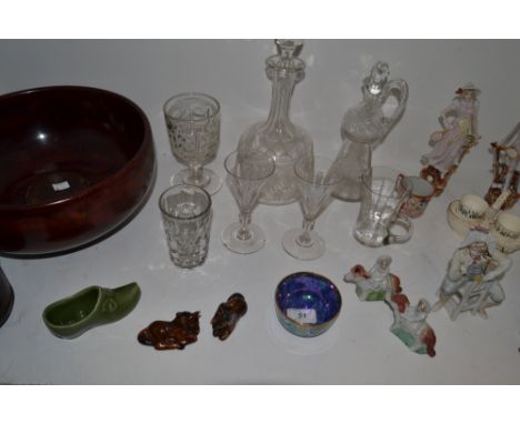 Ceramics and Glass - a thistle shaped decanter;  19th century ale glasses;  other glassware;  bisque figures; turned wooden b