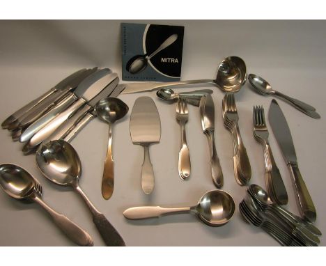 A Georg Jensen Mitra pattern stainless steel cutlery service comprising six dinner knives &amp; six forks, nine dessert forks