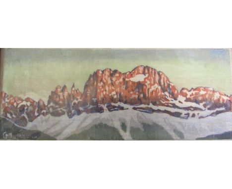 C Moser '29 - mountain range, coloured print, framed and glazed, 18cm x 44.4cm. 