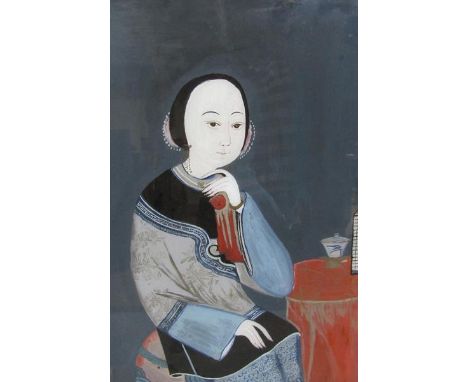 Unsigned - Chinese portrait of a lady seated at a table, gouache, framed and glazed, 51cm x 36cm. 