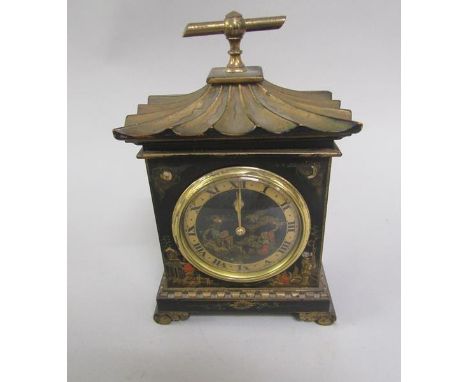 An early 20c mantel clock by Lenard Hall &amp; Son of Grimsby with a French movement in a pagoda chinoiserie black lacquered 