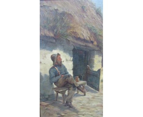 Granville Eliot - 19c Cornish fisherman seated on a bench outside a cottage, signed, oil on board, framed, 25cm x 15cm.