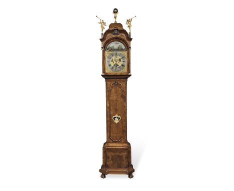 An impressive mid 18th century Dutch walnut quarter striking automata longcase clock with moonhpase, alarm and annual calenda