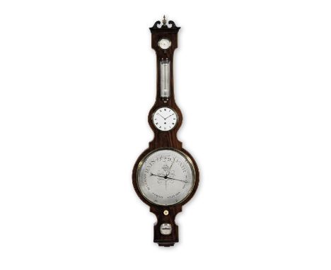 A rare 19th century mahogany wheel barometer with enamel timepieceJ. Fagioli, 5 Great Bath Street, Clerkenwell. LondonSurmoun