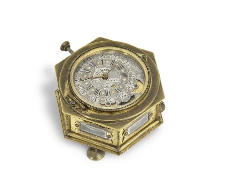 A rare Austrian brass hexagonal repeating table clock, 18th century with alterationsJohan Hoffman, TyrnauThe case with beaded