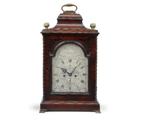 A late 18th century mahogany table clockJohn Bryan, ShadwellThe bell top case surmounted by a cast handle and four brass pine