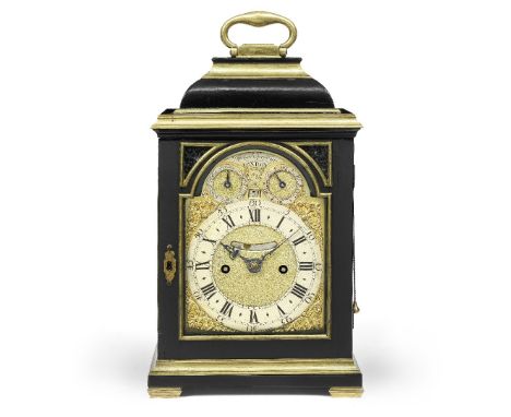 A very fine and small second quarter of the 18th century brass-bound ebonised quarter repeating table clockJames Snelling, Lo