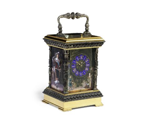 A Late 19th Century French Grande and Petite-Sonnerie Silvered and Lacquered Brass Repeating Carriage Clock With Three Limoge