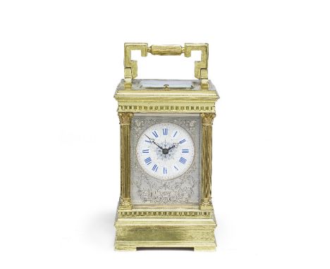 A good late 19th century French lacquered and silvered brass carriage clock in an Anglaise style caseSurmounted by a ribbed G