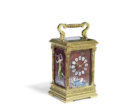 A good late 19th century French lacquered brass repeating carriage clock with enamel panels by H DoubletE. Maurice &amp; Co, 
