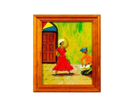 Housed in a wooden frame depicting a man playing an instrument with a lady dancing to the rhythm. Printed on Cardboard. Frame