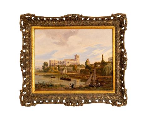 Beautiful panoramic view painting of people leisurely bank along side and row on a placid, reflective pond with Christ Church