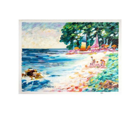 Unstretched Canvas. Artist signature lower left. Depicting children playing at the seaside. Canvas size: 32"L x 26.75"H. Imag