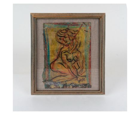 Impressionist Mixed Media Work on Paper with Gouache and Crayons. Portrait of a Nude Woman. Signed and dated 1998 lower right