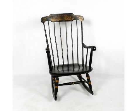 Dark ebony satin finish with distressed fruit motif on back of chair. Label on bottom reads The Home of Windsor Chairs Nichol