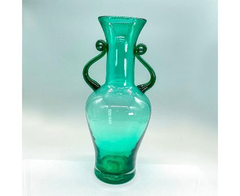 An Art Deco style large clear green vase with scroll design handles. Issued: 20th c.Dimensions: 6"L x 5.5"W x 14"HCondition: 