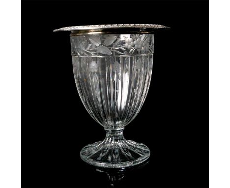 Tall art deco style vessel featuring frosted cut glass flowers around the body and foot. Sterling silver ornate rim. Hallmark