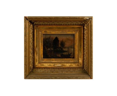 Seascape with houses and a boat. No signature found.Measures 15" x 13" including frame, 7" x 5" image only. This item has no 