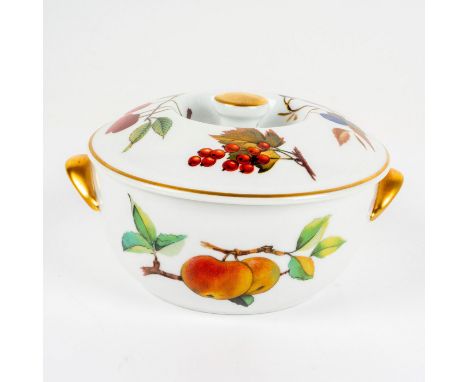 White porcelain decorated with pears and apples on a bowl and cherries and plums on lid. Gilded handles and accents. Royal Wo